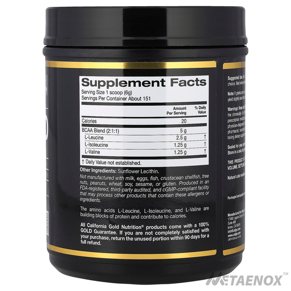 California Gold Nutrition, розчинний порошок BCAA з L-лейцином, L-ізолейцином і L-валіном, без ароматизаторів, 907 г (2 фунти) 104993 фото
