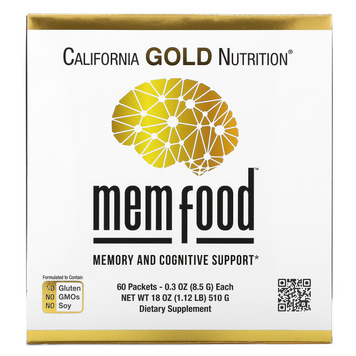 California Gold Nutrition, MEM Food, добавка для підтримки пам&rsquo;яті й когнітивних функцій із сумішшю MEM, L-серином, органічним їжовиком гребінчастим і порошком із соку лохини, 60 пакетиків по 8,5 г (0,3 унції) 102649 фото